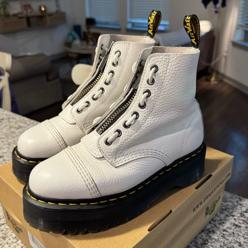 Dr. Martens White Leather Platform Zip Ankle Boots with Yellow Stitching